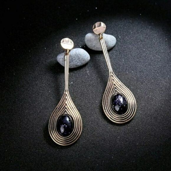 Blue Resin Rhinestone Vintage Gold Drop Dangle Statement Earrings - Picture 10 of 10